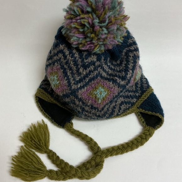 Nepal Chullo 100% Wool Hat Pom Braid Handmade Fleece Liner Knit Ski Cap Vintage - Picture 2 of 13